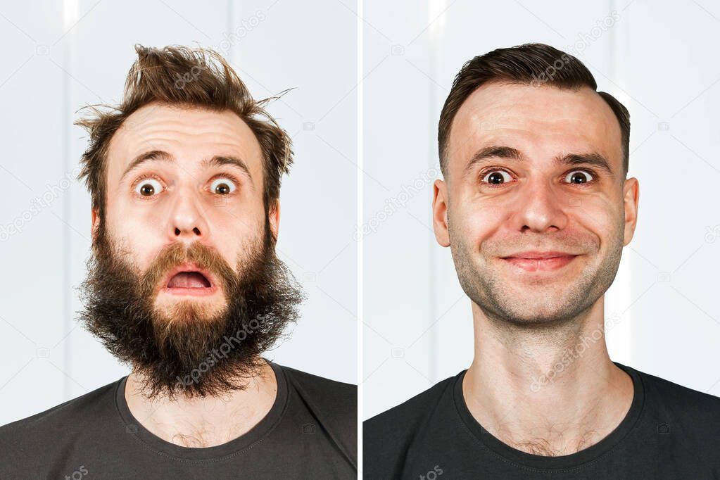 Glücklicher Kunde nach dem Styling im Vergleich zum Vorher-Bild